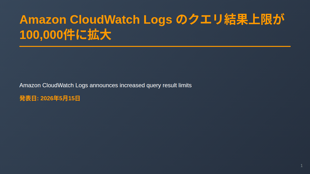 Amazon CloudWatch Logs のクエリ結果上限が100,000件に拡大 のサムネイル