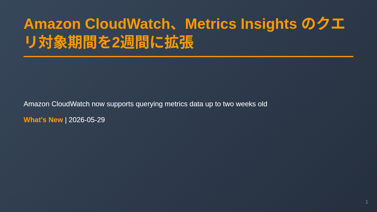Amazon CloudWatch、Metrics Insights のクエリ対象期間を2週間に拡張 のサムネイル